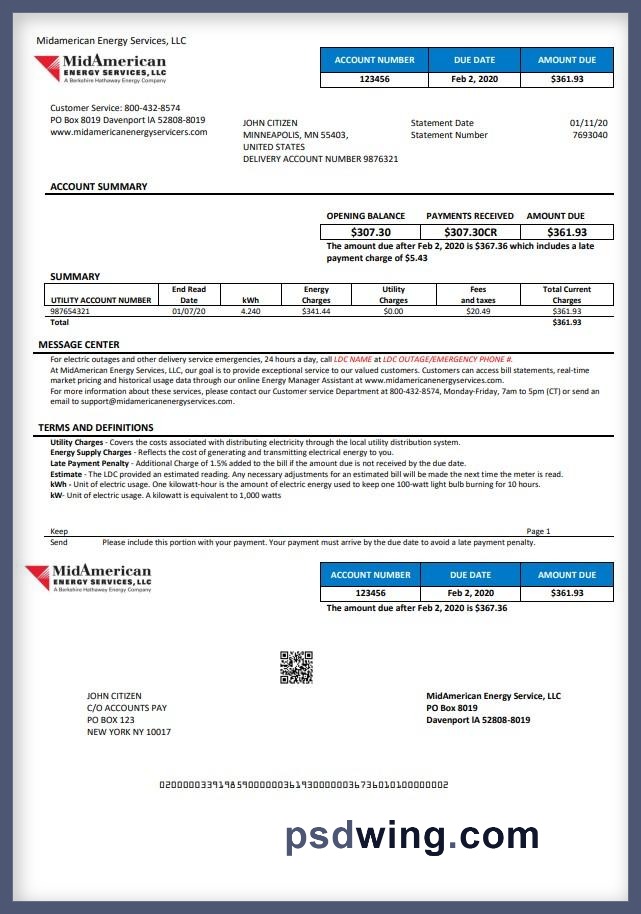 USA Iowa MidAmerican Energy Services Utility Bill